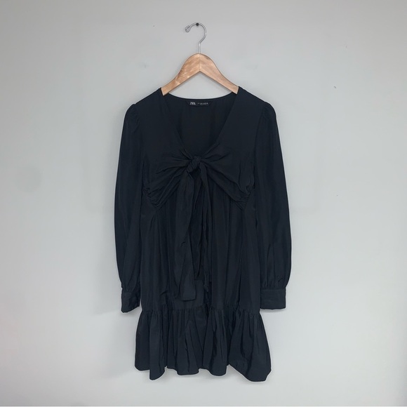 Zara Dress Women's Size Small Oversized Black Long Sleeve Mini Bow Tiered Ruffle - Picture 2 of 13